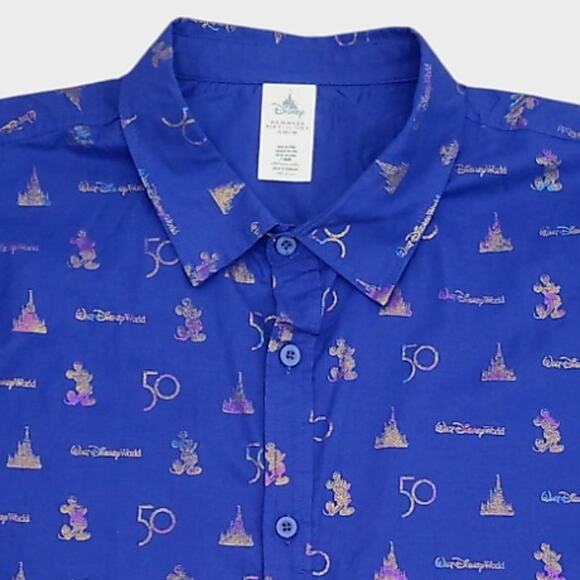 NWT Men's Disney 50th Anniversary Camp Shirt Iridescent Mickey Magic XL Blue - Picture 1 of 9